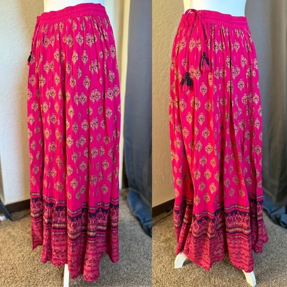 Easybuy Fuchsia Pink Gold Block Print Tassel Maxi Skirt Womens XL Boho Rayon - Picture 2 of 8